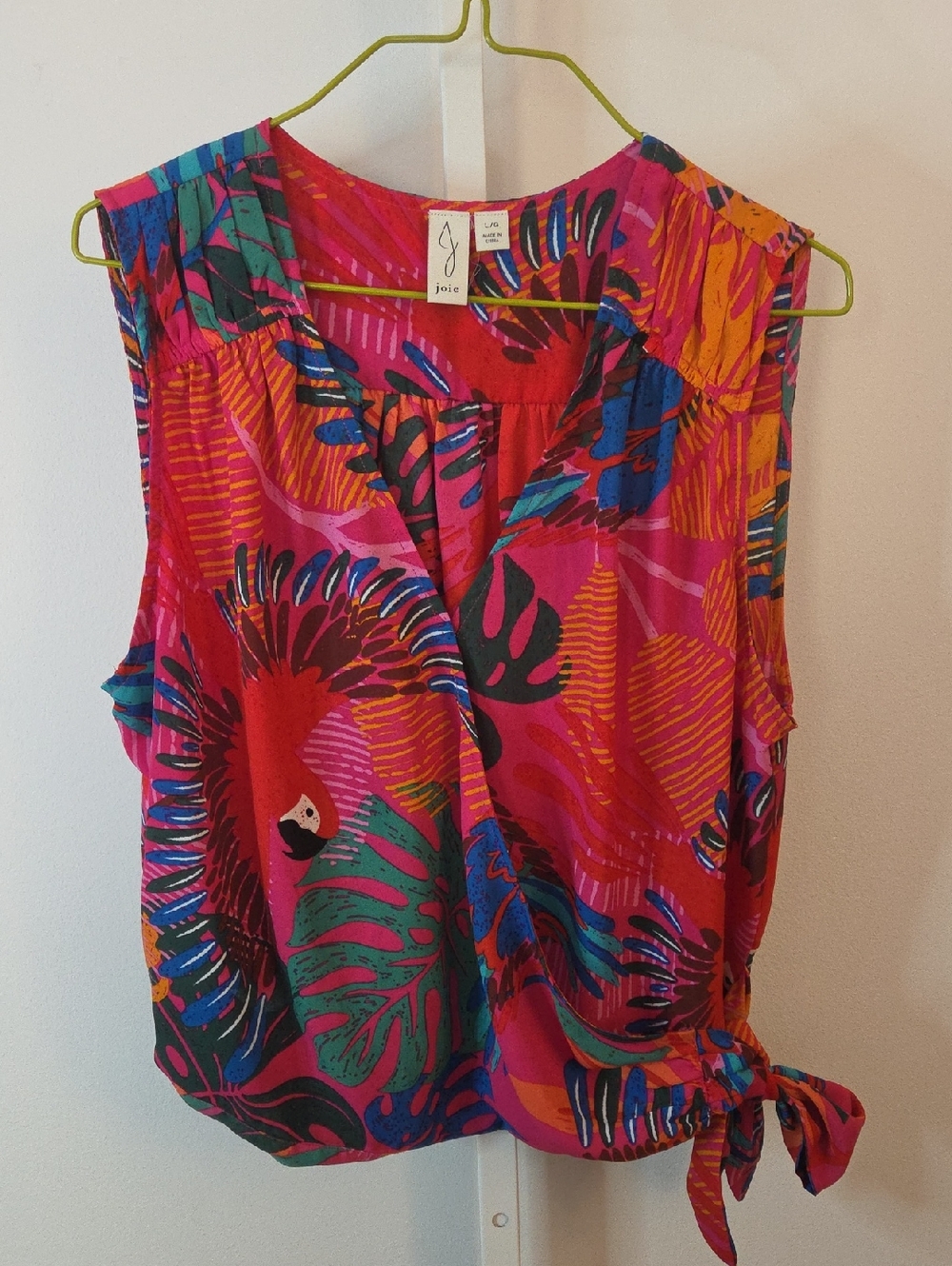 Joie Pink Tropical Print Sleeveless Wrap Top